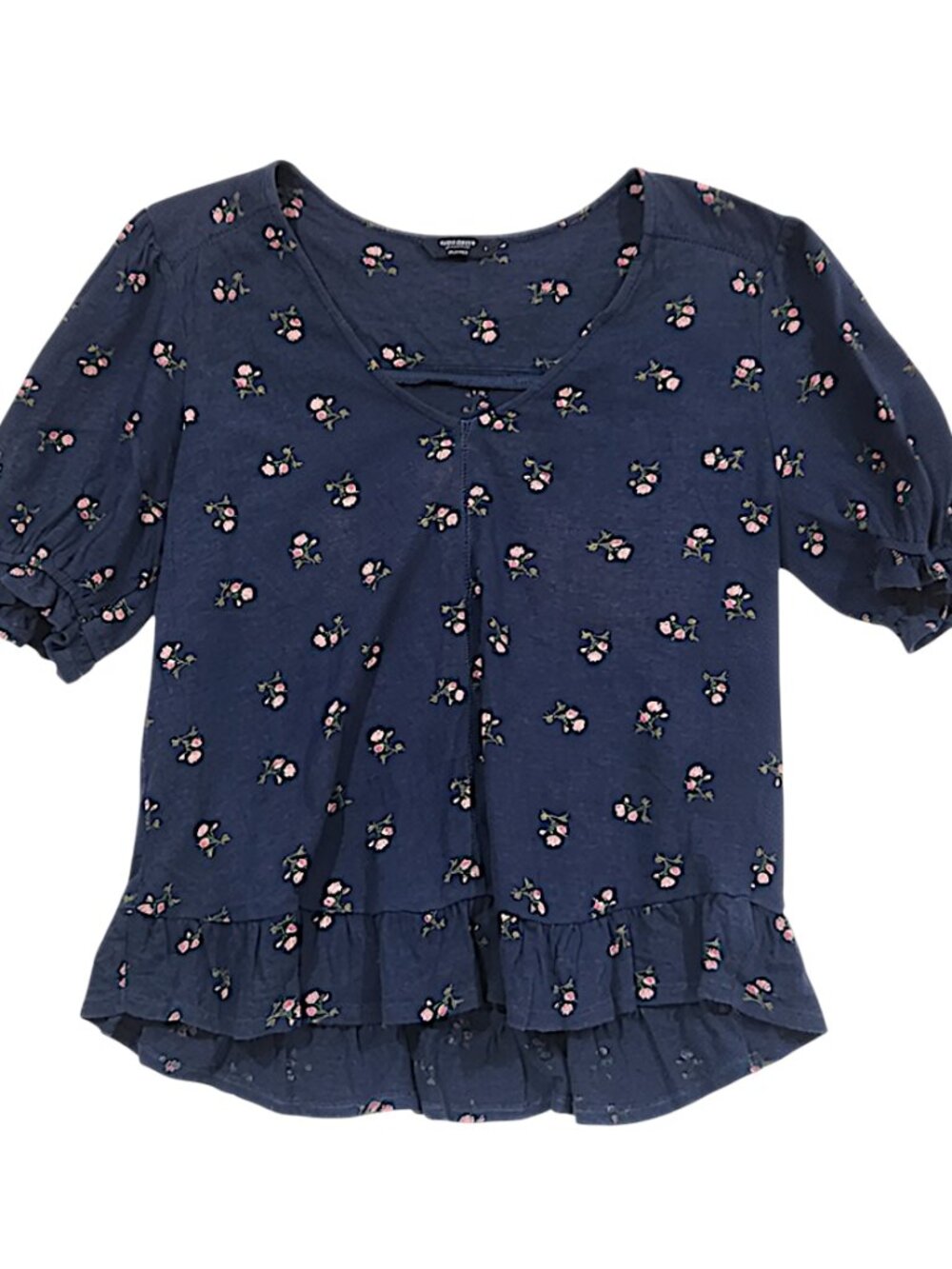 Lucky Brand Navy Floral Ruffle Peplum Top Large - Picture 3 of 7